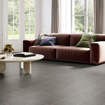 Invictus Maximus LVT Flooring in Concrete Crush Charcoal Stone Tile Effect With Grout Strips